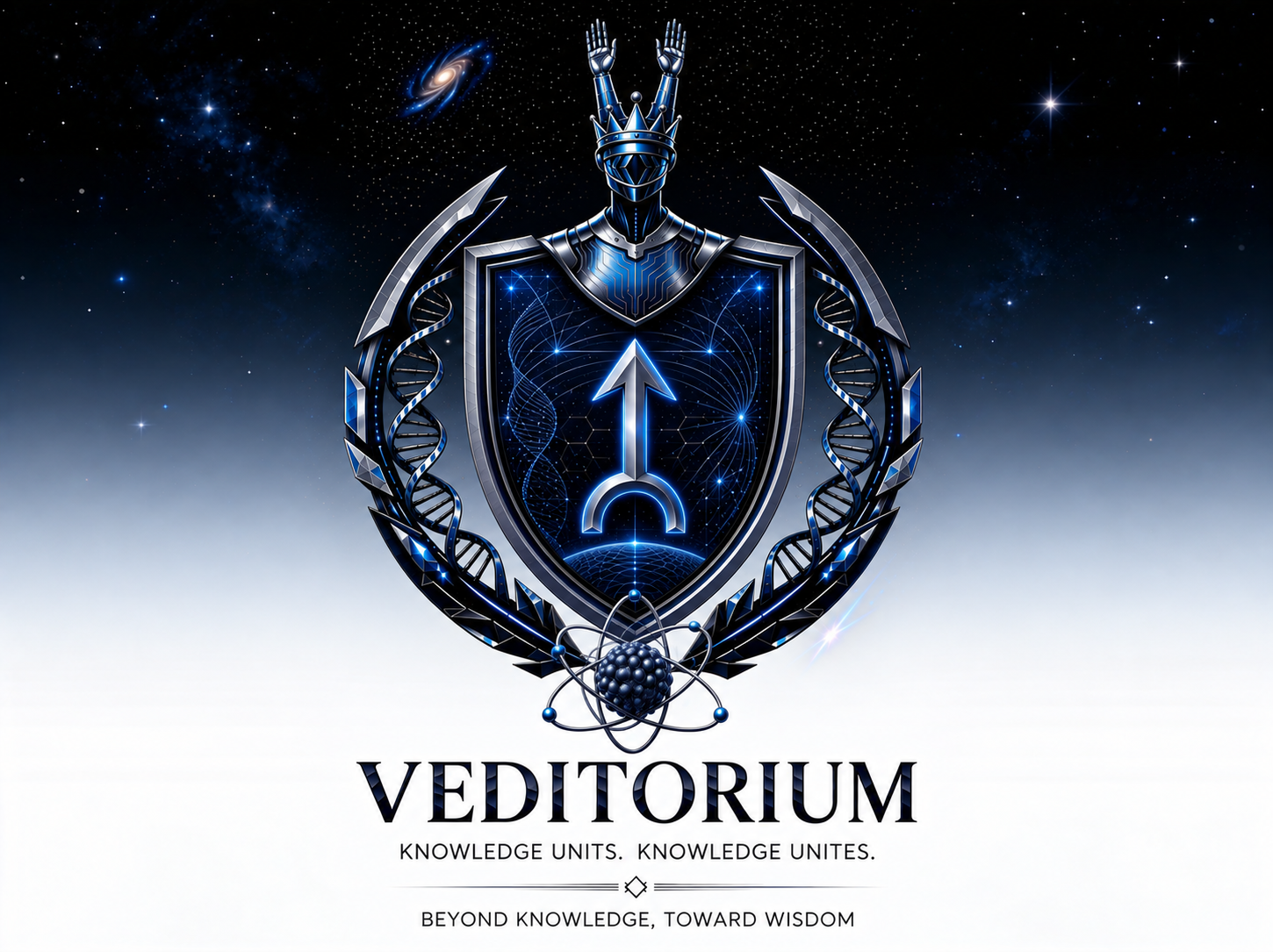Veditorium: metallic blue shield, DNA helices and an atom